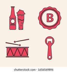 Set Bottle opener, Beer bottle and glass, Bottle cap with inscription beer and Musical instrument drum and drum sticks icon. Vector