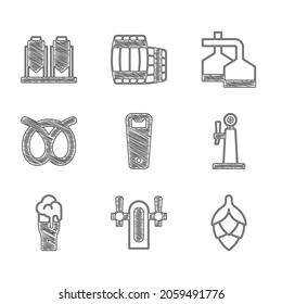 Set Bottle opener, Beer tap, Hop, Glass of beer, Pretzel, brewing process and  icon. Vector