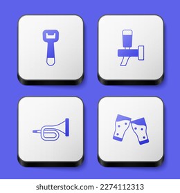 Set Bottle opener, Beer tap, Trumpet and Glass of beer icon. White square button. Vector