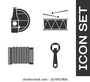 Set Bottle opener, Beer bottle and wooden barrel, Musical instrument accordion and Musical instrument drum and drum sticks icon. Vector