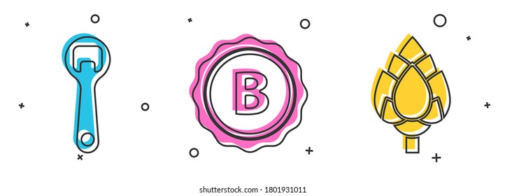 Set Bottle opener, Bottle cap with inscription beer and Hop icon. Vector