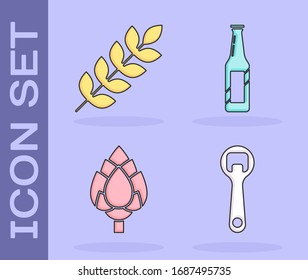 Set Bottle opener, Cereals set with rice, wheat, corn, oats, rye, barley, Hop and Beer bottle icon. Vector