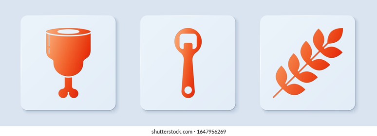 Set Bottle opener, Chicken leg and Cereals set with rice, wheat, corn, oats, rye, barley. White square button. Vector