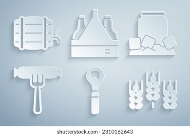 Set Bottle opener, Cold beer can, Sausage on the fork, Wheat, Pack of bottles and Wooden barrel rack icon. Vector