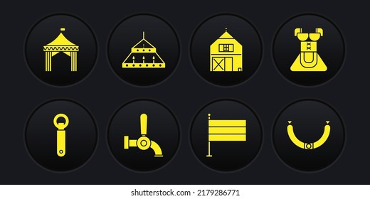 Set Bottle opener, Costume for women dirndl, Beer tap, National Germany flag, Farm House, Massive steel chandelier, Sausage and Camping tent icon. Vector