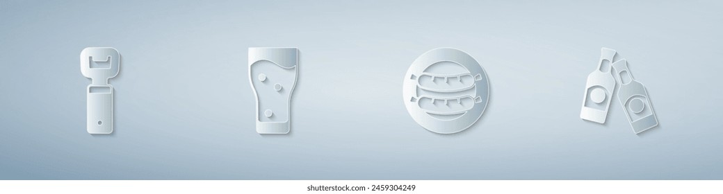 Set Bottle opener, Glass of beer, Sausage and Beer bottle. Paper art style. Vector