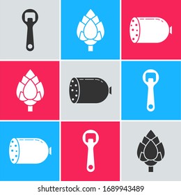 Set Bottle opener, Hop and Salami sausage icon. Vector
