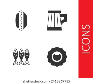 Set Bottle opener, Hotdog sandwich, Dried fish and Wooden beer mug icon. Vector