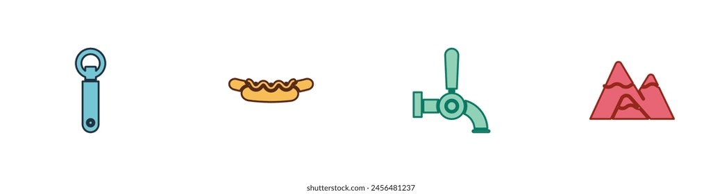 Set Bottle opener, Hotdog sandwich, Beer tap and Mountains icon. Vector