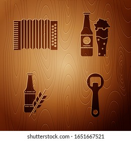 Set Bottle opener, Musical instrument accordion, Beer bottle and Beer bottle and glass on wooden background. Vector