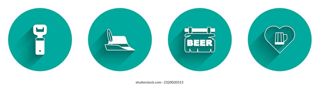 Set Bottle opener, Oktoberfest hat, Street signboard with Beer and Heart glass of beer icon with long shadow. Vector