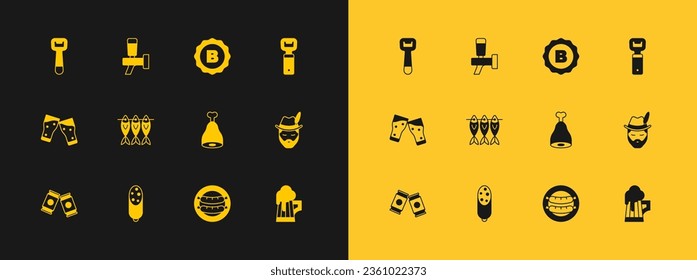 Set Bottle opener, Salami sausage, Chicken leg, Sausage, Dried fish, cap,  and Beer tap icon. Vector