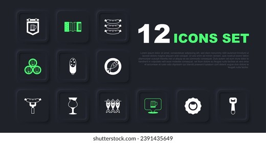 Set Bottle opener, Salami sausage, Wooden beer mug, barrel, Glass of, Accordion and Dried fish icon. Vector