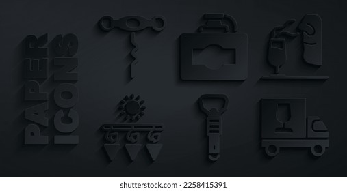 Set Bottle opener, Sommelier, Drying grapes, Wine truck, Cardboard box of wine and corkscrew icon. Vector