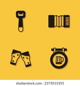 Set Bottle opener, Street signboard with beer, Glass of and Accordion icon with long shadow. Vector