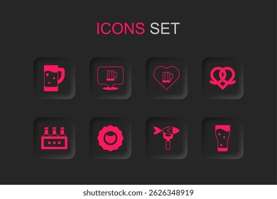 Set Bottle opener, Wooden beer mug, Glass of, Dried fish, Pretzel, Heart with glass and Pack bottles icon. Vector