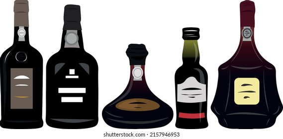 Set of bottle of portuguese red wine. Porugal, Porto region. Typical regional wine vector icon, illustration.