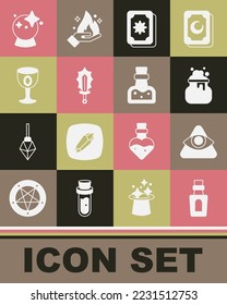 Set Bottle with potion, All-seeing eye of God, Witch cauldron, Tarot cards, Magic sword fire, Medieval goblet, ball and  icon. Vector