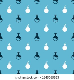 Set Bottle with potion  and Bomb ready to explode  on seamless pattern. Vector