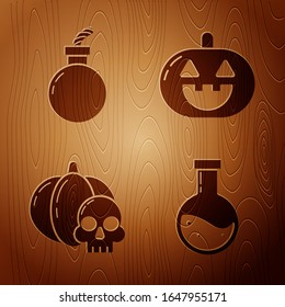 Set Bottle with potion , Bomb ready to explode , Pumpkin and skull  and Pumpkin  on wooden background. Vector