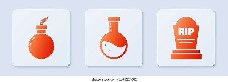 Poner botellas con poción , Bomba lista para explotar y Tombstone con RIP. Botón cuadrado blanco. Vector