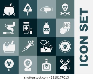 Set Bottle with potion, Bones and skull, Drop of mercury, Puffer fish, Antidote, Cigarette, Witch cauldron and Poisoned alcohol icon. Vector