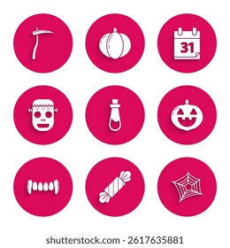 Set Bottle with potion, Candy, Spider web, Pumpkin, Vampire teeth, Zombie mask, Calendar Halloween date 31 october and Scythe icon. Vector
