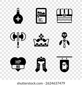 Botella con poción, colección Video de juego de cartas, cofre, barra, casco medieval, barra de letrero de la calle, polea e ícono de corona King. Vector