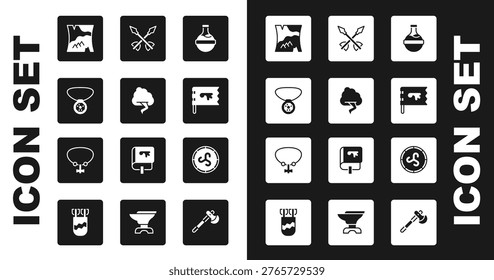Set Bottle with potion, Cloud and lightning, Necklace gem, Folded map, Viking flag, Medieval arrows, Shield viking and  icon. Vector
