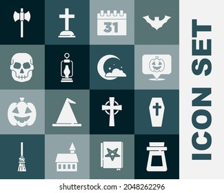 Set Bottle with potion, Coffin cross, Pumpkin, Calendar Halloween, Camping lantern, Skull, Wooden axe and Moon and stars icon. Vector