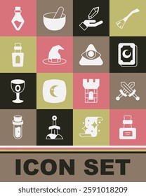 Set Bottle with potion, Crossed medieval sword, Tarot cards, Magic stone, Witch hat,  and All-seeing eye of God icon. Vector