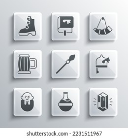Set Bottle with potion, Gem stone, Viking in horned helmet, Medieval spear, head, Wooden beer mug, Ancient viking boots and Hunting icon. Vector