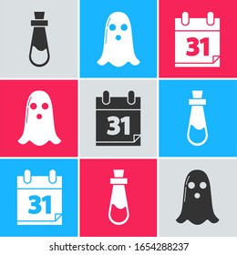 Set Bottle with potion , Ghost  and Calendar with Halloween date 31 october icon. Vector