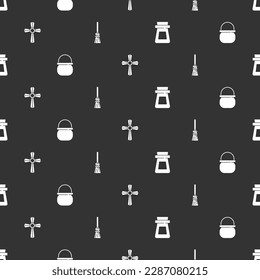 Set Bottle with potion, Halloween witch cauldron, Tombstone cross and Witches broom on seamless pattern. Vector