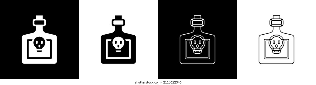 Establecer la botella con el icono de posición aislado en el fondo blanco y negro. Enarbolar con poción mágica. Feliz fiesta de Halloween.  Vector