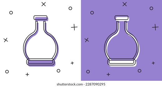 Establecer el frasco con el icono de la poción aislado sobre fondo blanco y morado. Enarbolar con poción mágica. Feliz fiesta de Halloween.  Vector