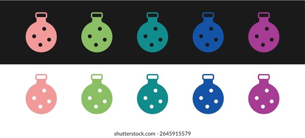 Set Bottle with potion icon isolated on black and white background. Flask with magic potion. Happy Halloween party.  Vector