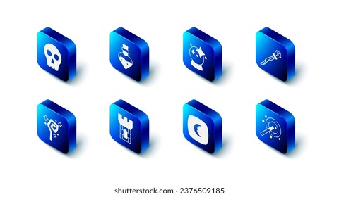 Set Bottle with potion, Magic ball, staff, wand, Moon stars, Castle tower,  and Skull icon. Vector