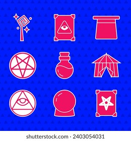 Flasche mit Tränke, Zauberkugel, Zauberbuch, Circus Zelt, Masons, Pentagramm im Kreis, Hut und Mitarbeitersymbol. Vektorgrafik