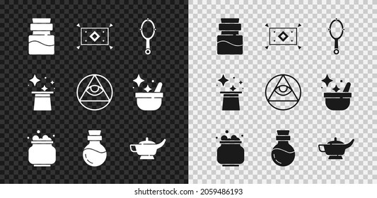 Set Bottle with potion, Magic carpet, hand mirror, Witch cauldron, lamp Aladdin, hat and Masons icon. Vector
