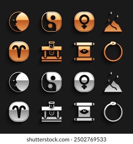 Set Bottle with potion, Magic powder, Ouroboros, Ancient magic scroll, Aries zodiac, Venus, Moon and Yin Yang icon. Vector