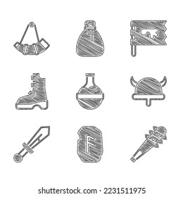 Set Bottle with potion, Magic rune, Mace spikes, Viking in horned helmet, Medieval sword, Ancient viking boots, flag and Hunting icon. Vector