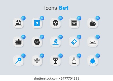 Set Bottle with potion, Magic runes, Mystery box, wand, Witch cauldron, powder, ball and Game thimbles icon. Vector