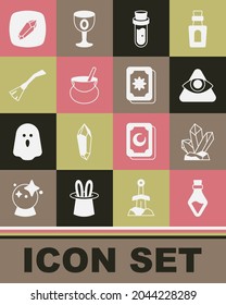Set Bottle with potion, Magic stone, All-seeing eye of God, Witch cauldron, Witches broom,  and Tarot cards icon. Vector