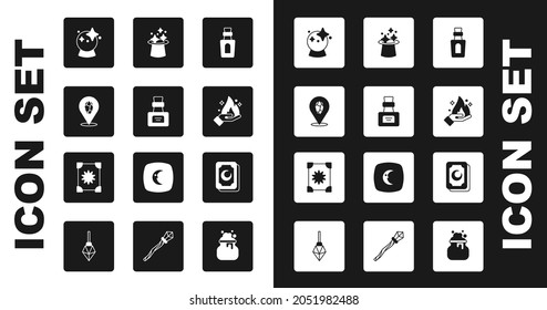 Set Bottle with potion, Magic stone, ball, Hand holding fire, hat, Tarot cards and Ancient magic book icon. Vector