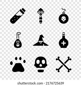 Poner botellas con poción, varita mágica, bomba lista para explotar, huella de pata de oso, cráneo, huesos humanos cruzados, icono de sombrero Lute y Bruja. Vector