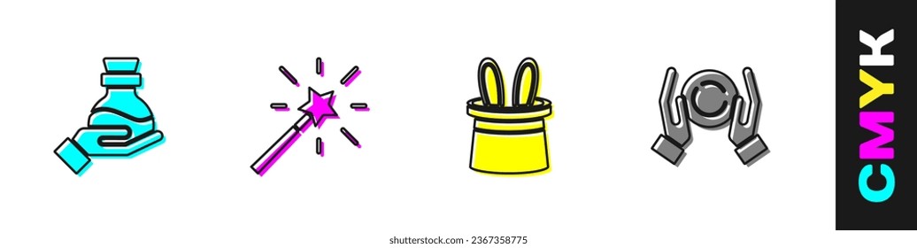 Poner botellas con poción, varita mágica, orejas de conejo de sombrero mago e icono de la mano de bola. Vector