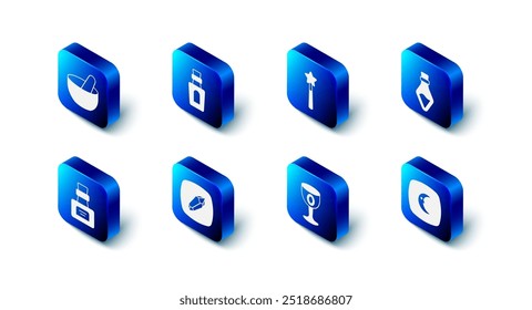 Set Bottle with potion, Magic wand, Moon stars, Medieval goblet, stone,  and Witch cauldron icon. Vector