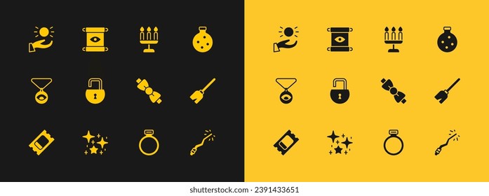 Set Bottle with potion, Magical glitter particles, Bow tie, stone ring, Open padlock, Candlestick, Ball levitating above hand and scroll icon. Vector