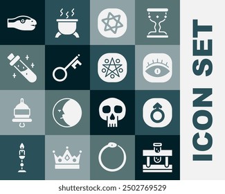 Set Bottle with potion, Mars, Masons, Tarot cards, Old key, Snake and Pentagram in circle icon. Vector